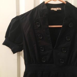 V-Neck Black Mini Dress with Button Detail